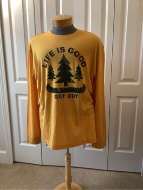 Life Is Good L/S Gold Graphic Tee Of Pine Trees And Canoe “Get Out”  Sz XL